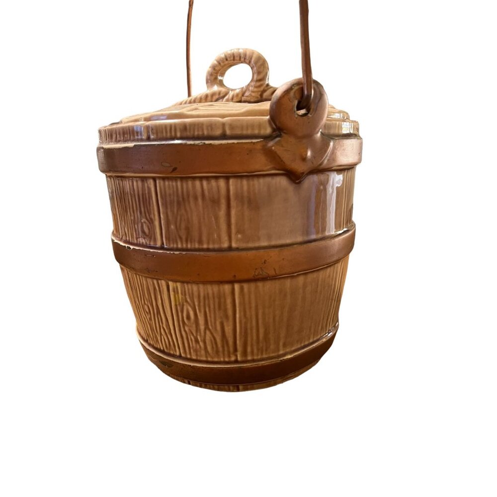 Vintage USA McKoy Oaken Barrel Cookie Jar Bucket Pail Copper Handle Pottery